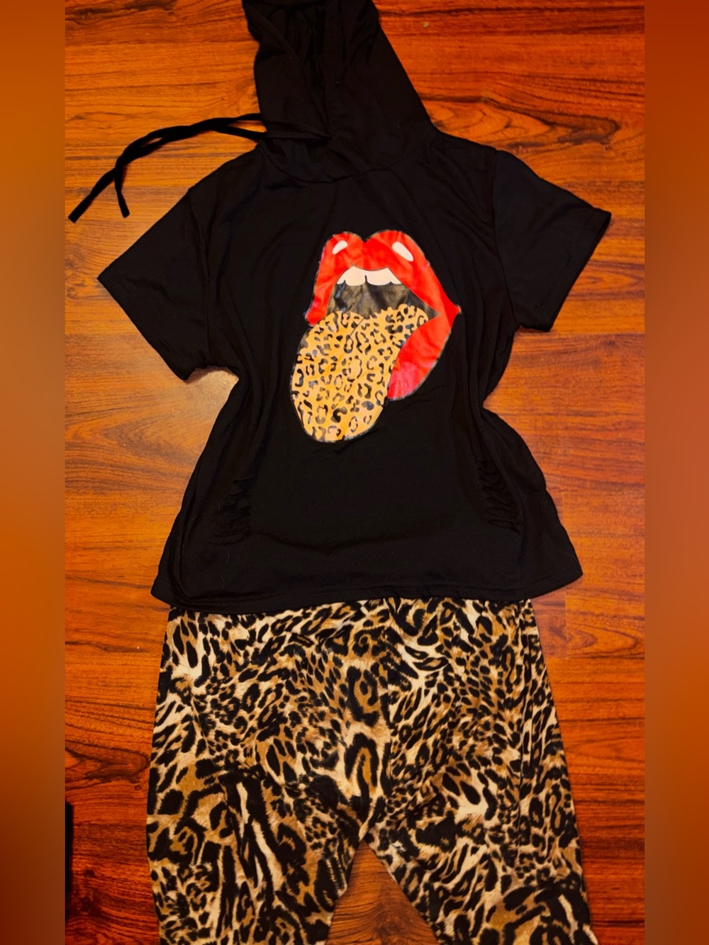 Black Hooded Sleep Top with Red Lip Graphic and Leopard Print Lounge Pants